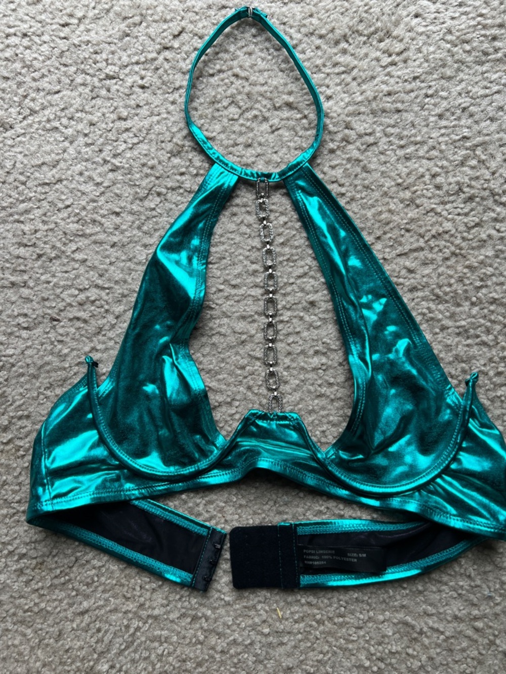 Shiny Teal Chain Halter Rave Top